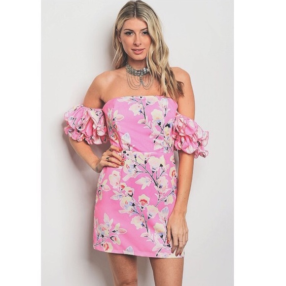 Derby Pink Floral Off Shoulder Flirty Summer Dress - Picture 3 of 4